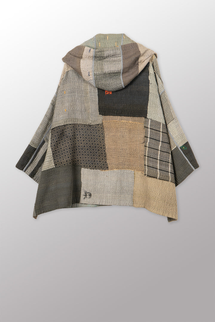 FRAYED PATCH KANTHA HOODIE PONCHO - fi4064-glk -