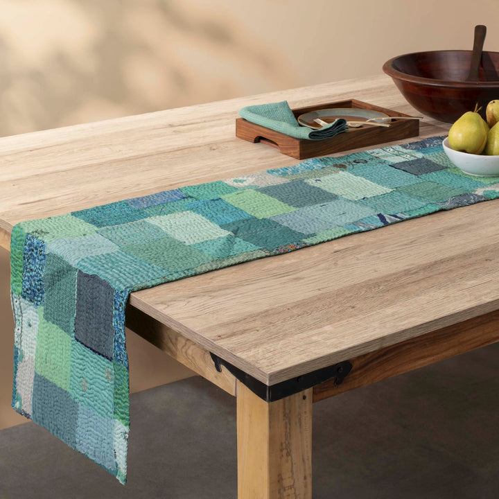Printed Fray Patch Kantha Table Runner -Sage