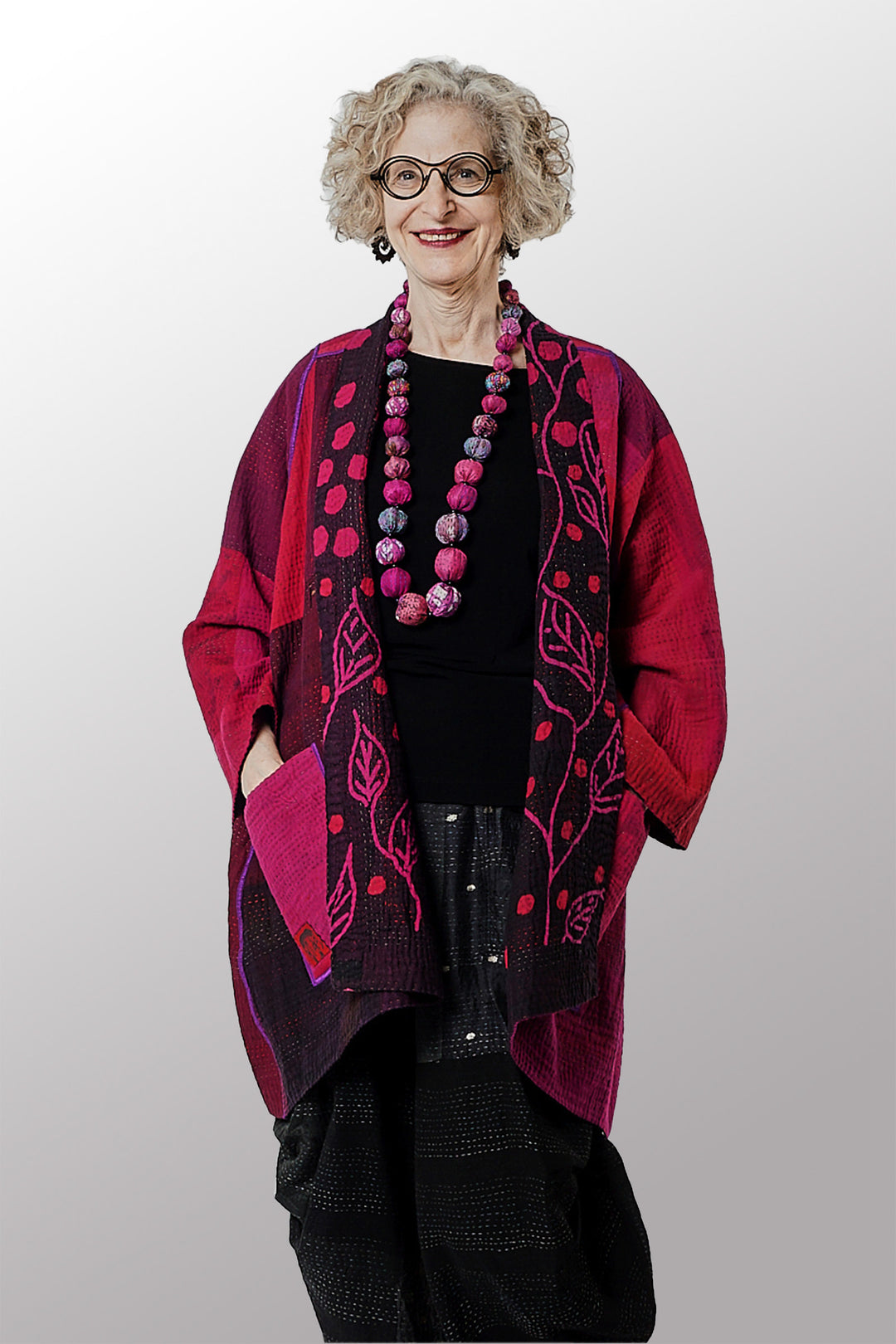 OVERDYED POLKA DOTS & LEAVES KANTHA A-LINE JACKET - dl4003-fus -
