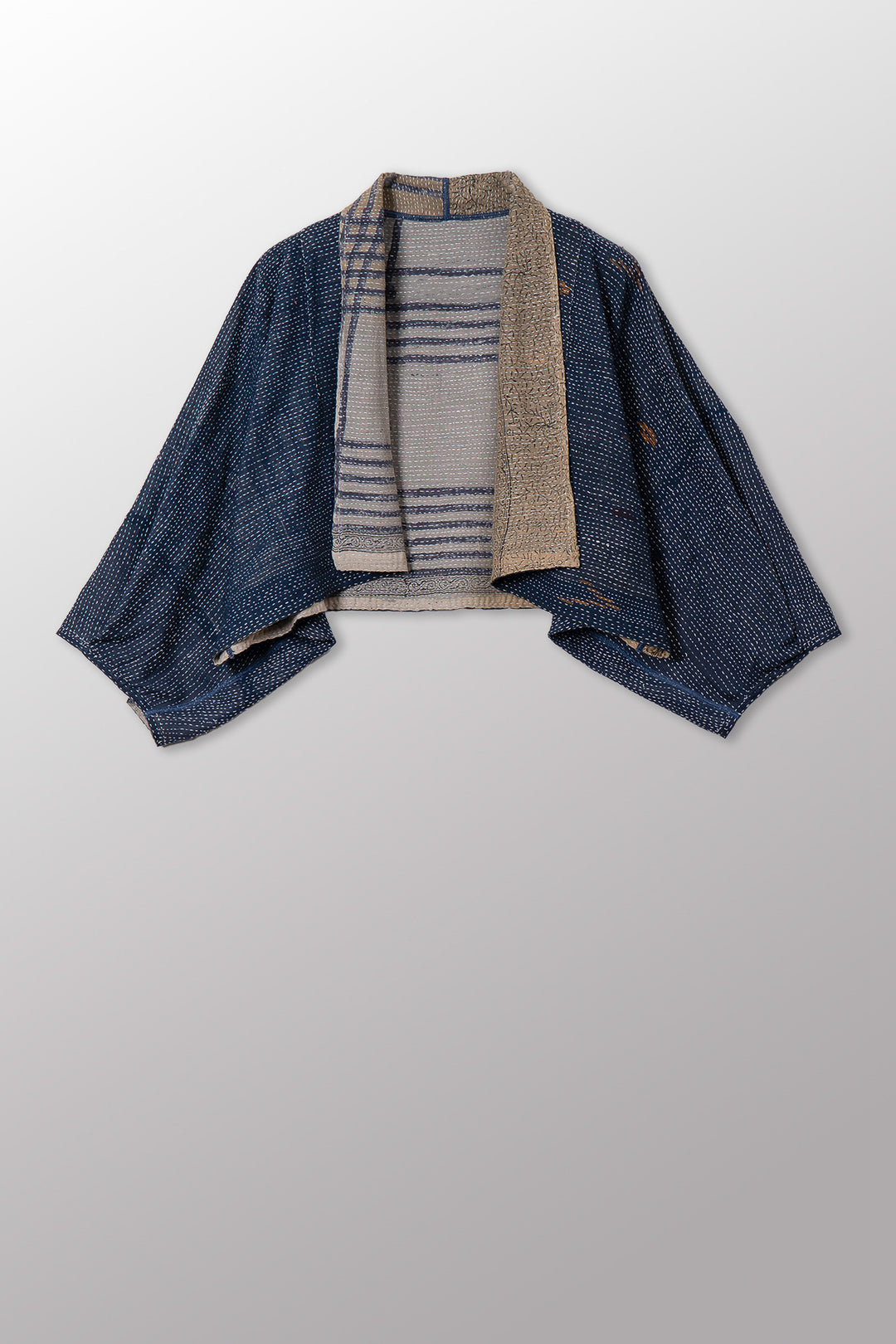 INDONESIAN PRINT VINTAGE INDIGO BACKING KANTHA PUFF SLV. SHRUG - bi2062-blu -