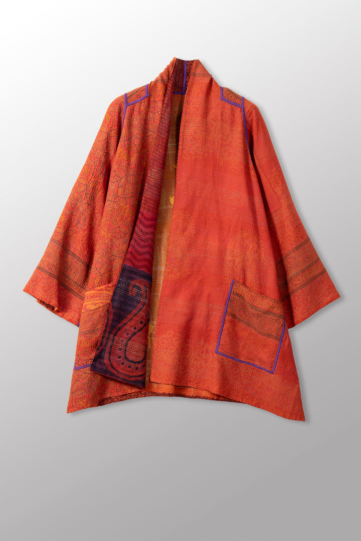 VINTAGE SILK GEORGETTE COTTON KANTHA A-LINE JKT - gc2003-0036a -