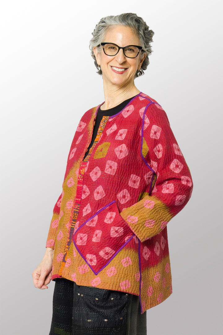 VINTAGE COTTON KANTHA CREW NECK POCKET JACKET - cv4025-0014a -