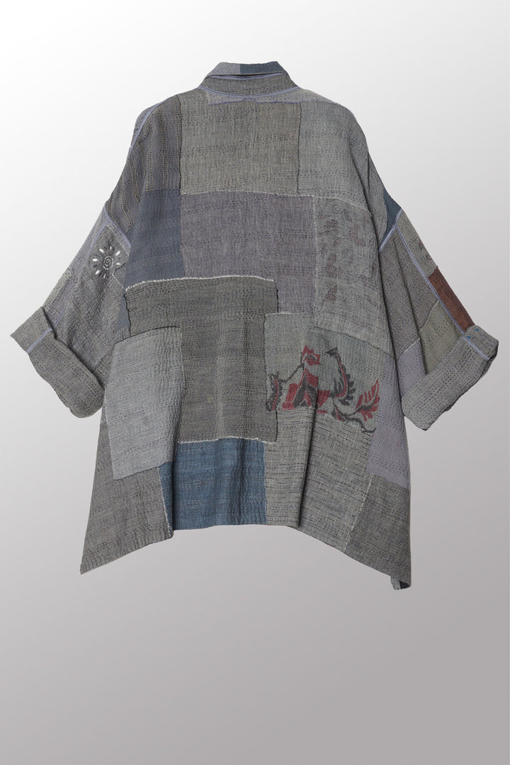 FRAYED PATCH KANTHA OVERSIZED MINI COAT - fi2332-ntl -