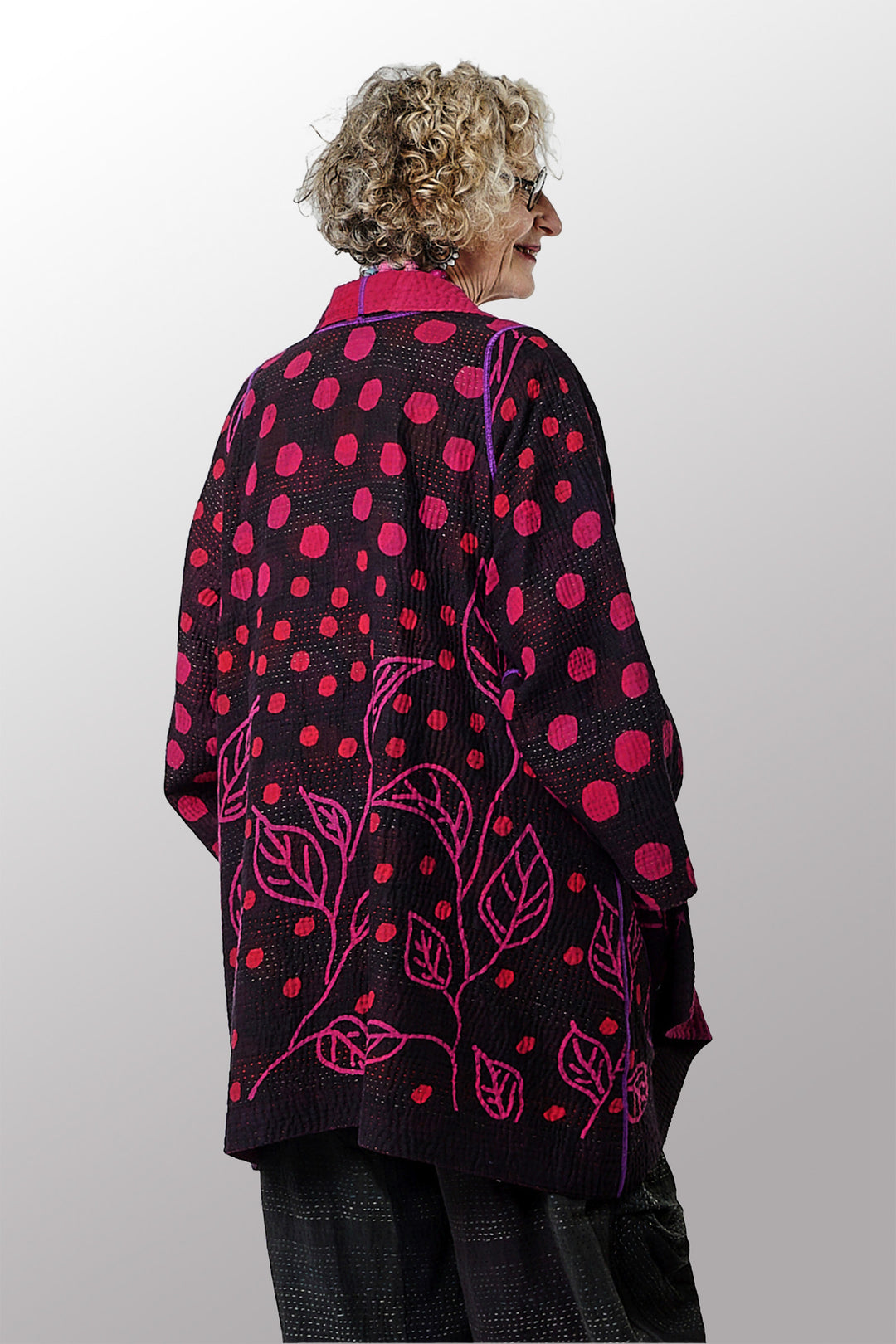 OVERDYED POLKA DOTS & LEAVES KANTHA A-LINE JACKET - dl4003-fus -