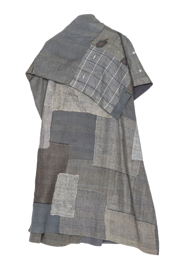 FRAYED PATCH KANTHA COWL NECK DRESS - fi2416-gry -