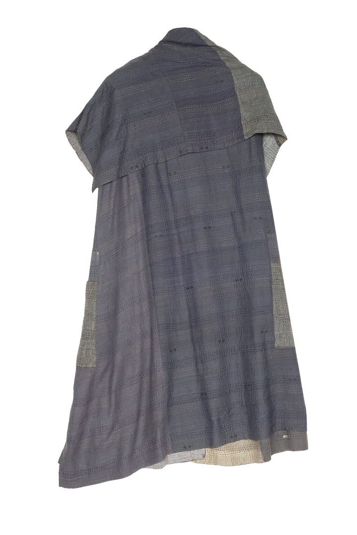 FRAYED PATCH KANTHA COWL NECK DRESS - fi2416-gry -