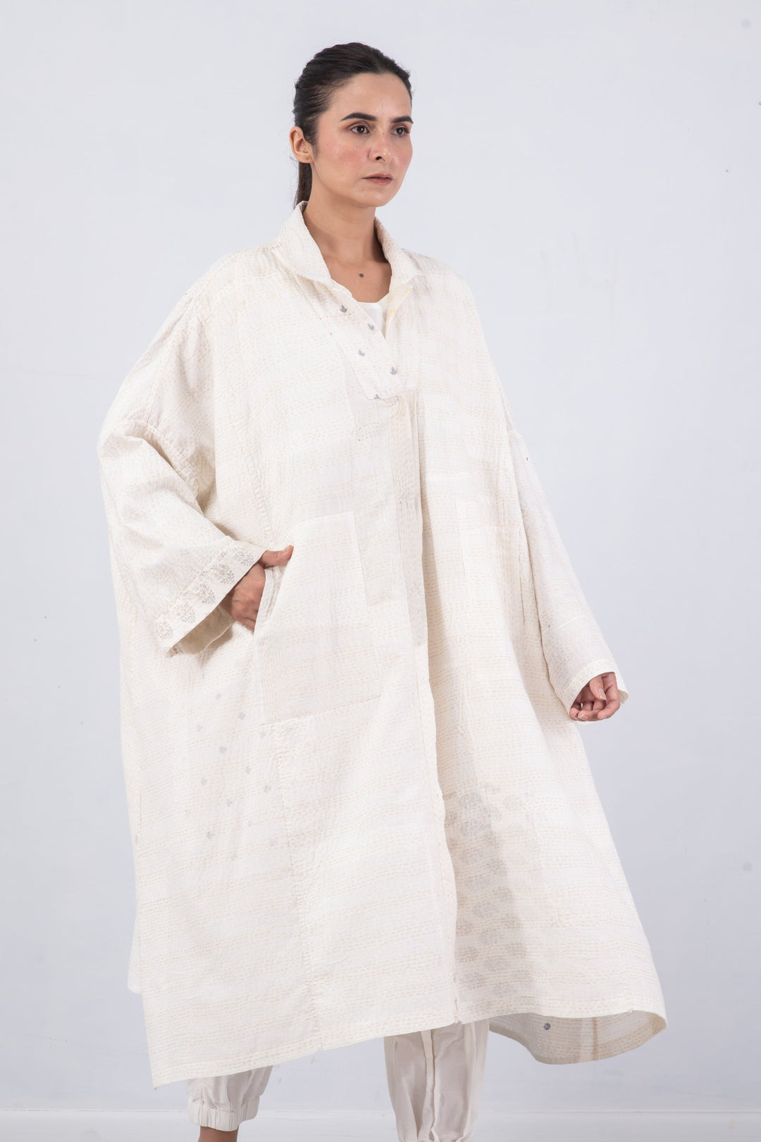 FRAYED PATCH KANTHA OVERSIZE DRESS - fi2432-ivy -