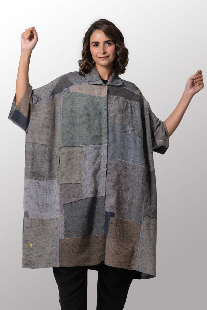 FRAYED PATCH KANTHA WIDE SHIRT DRESS - fi2448-ntl -