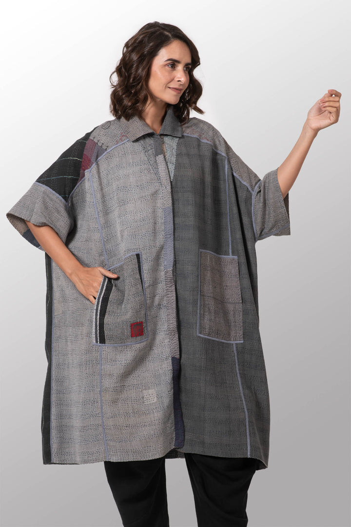 FRAYED PATCH KANTHA WIDE SHIRT DRESS - fi2448-ntl -