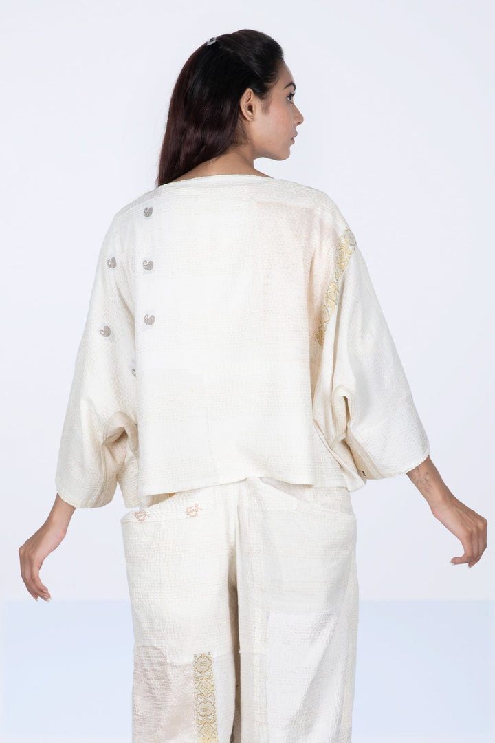 FRAYED PATCH KANTHA 3/4 SLV. CROP TOP - fi2528-ivy -