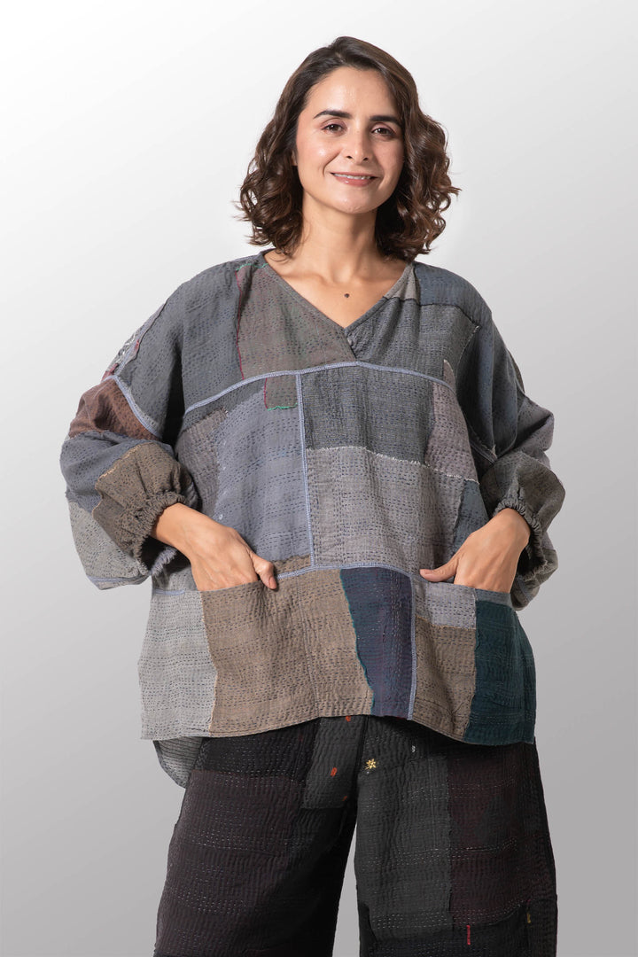 FRAYED PATCH KANTHA BLOCK TOP - fi2559-ntl -