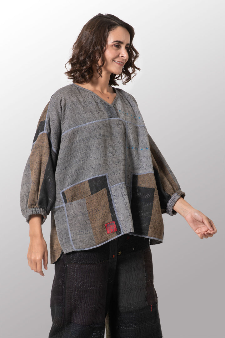 FRAYED PATCH KANTHA BLOCK TOP - fi2559-ntl -