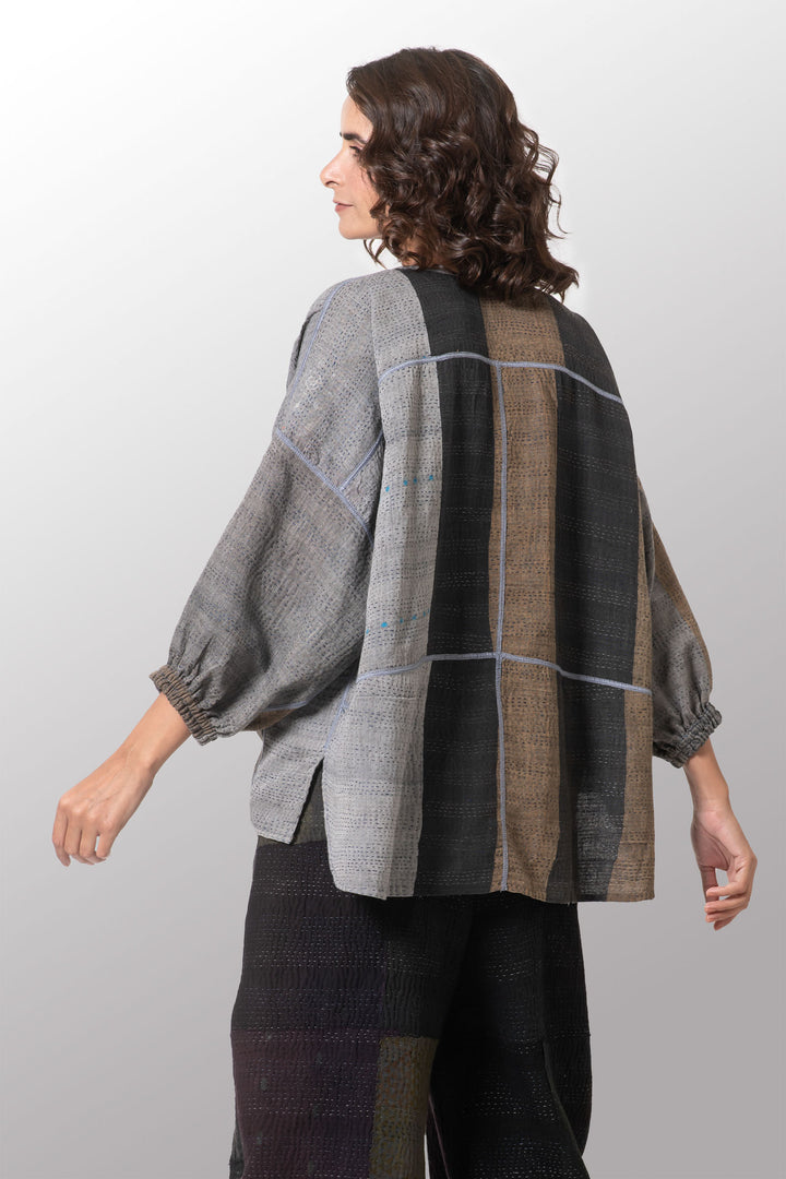 FRAYED PATCH KANTHA BLOCK TOP - fi2559-ntl -