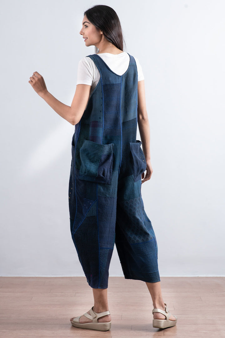 FRAYED PATCH KANTHA V-NECK JUMPER - fi2622-nvy -