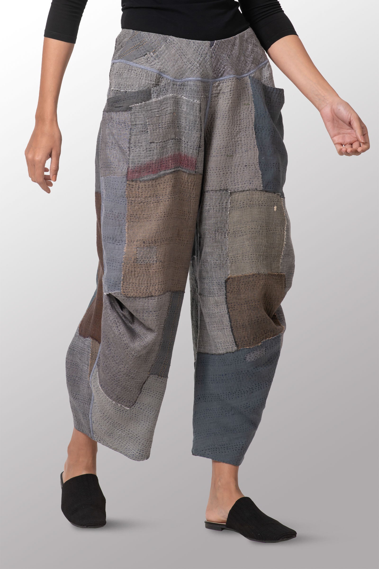 FRAYED PATCH KANTHA KNEE TUCKED PANTS - fi2625-ntl - – Mieko