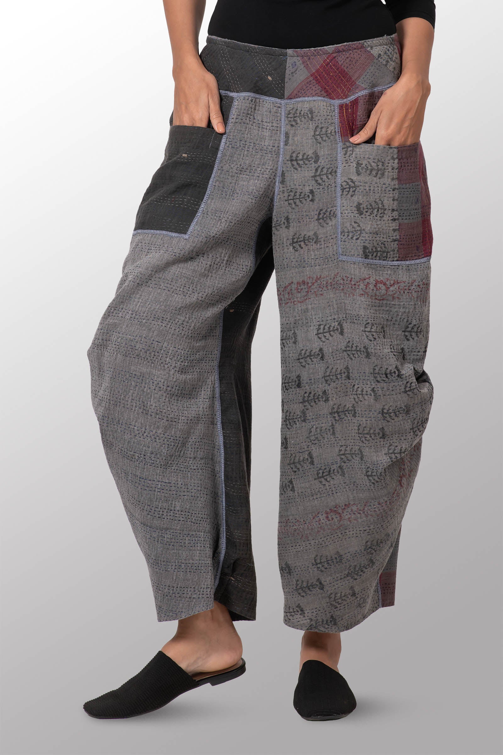 FRAYED PATCH KANTHA KNEE TUCKED PANTS - fi2625-ntl - – Mieko