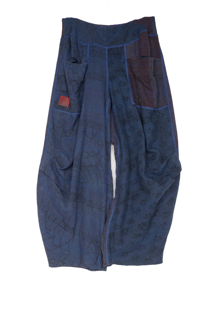 FRAYED PATCH KANTHA KNEE TUCKED PANTS - fi2625-nvy -