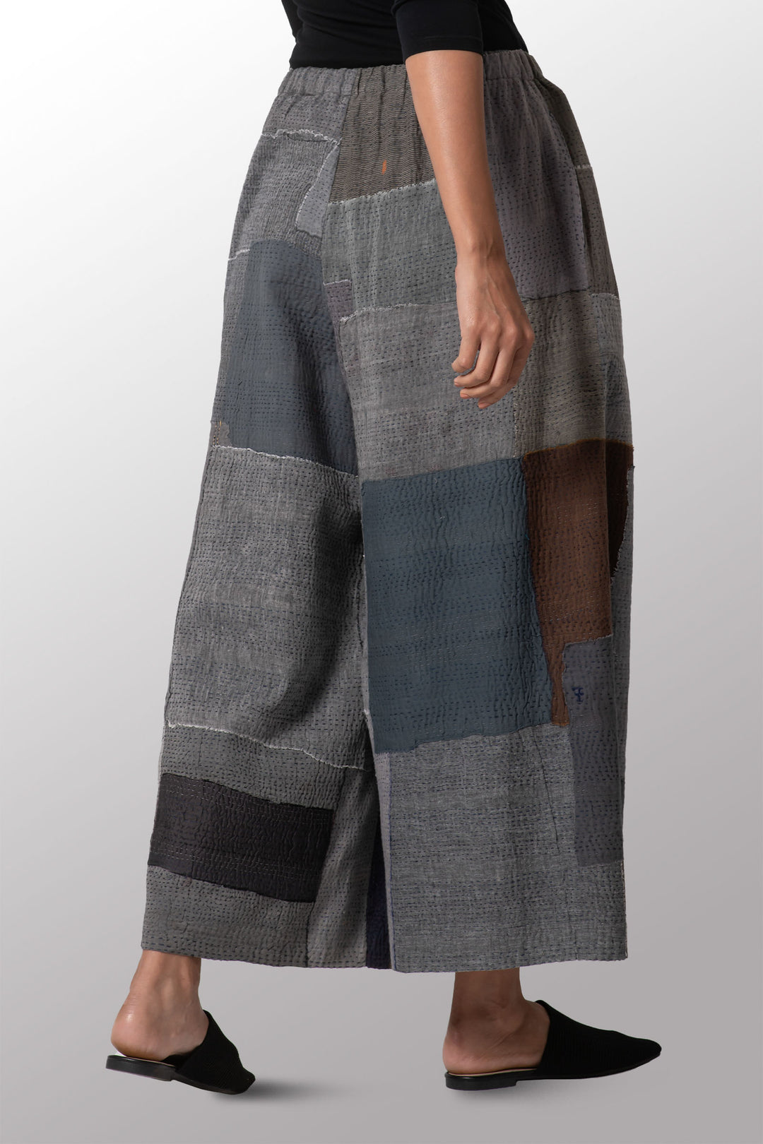 FRAYED PATCH KANTHA WRAP WIDE PANTS - fi2649-ntl -