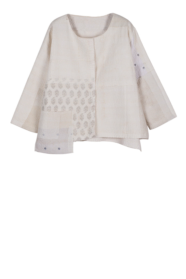 FRAYED PATCH KANTHA A-LINE SHORT JACKET - fi4019-ivy -