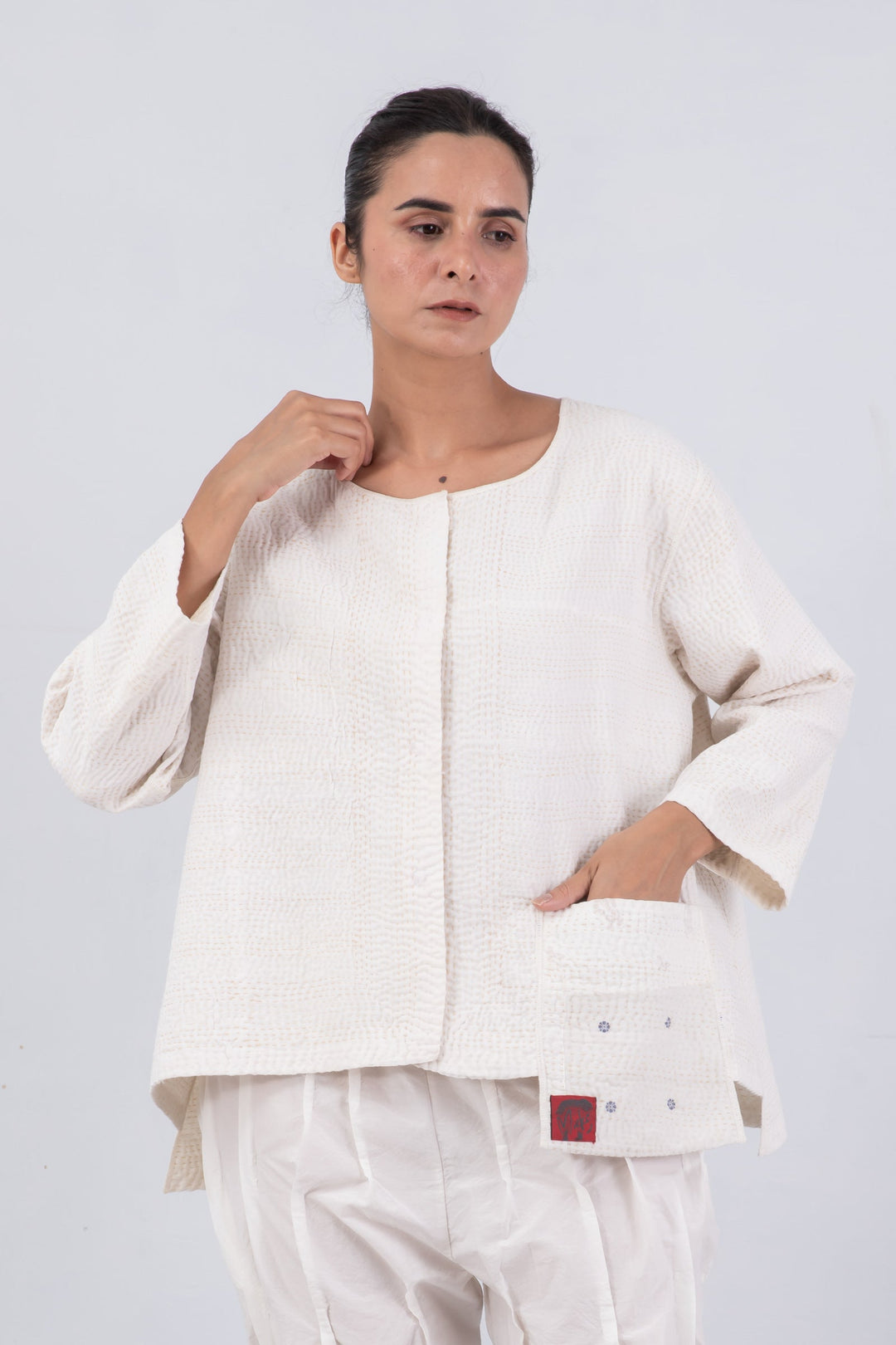 FRAYED PATCH KANTHA A-LINE SHORT JACKET - fi4019-ivy -
