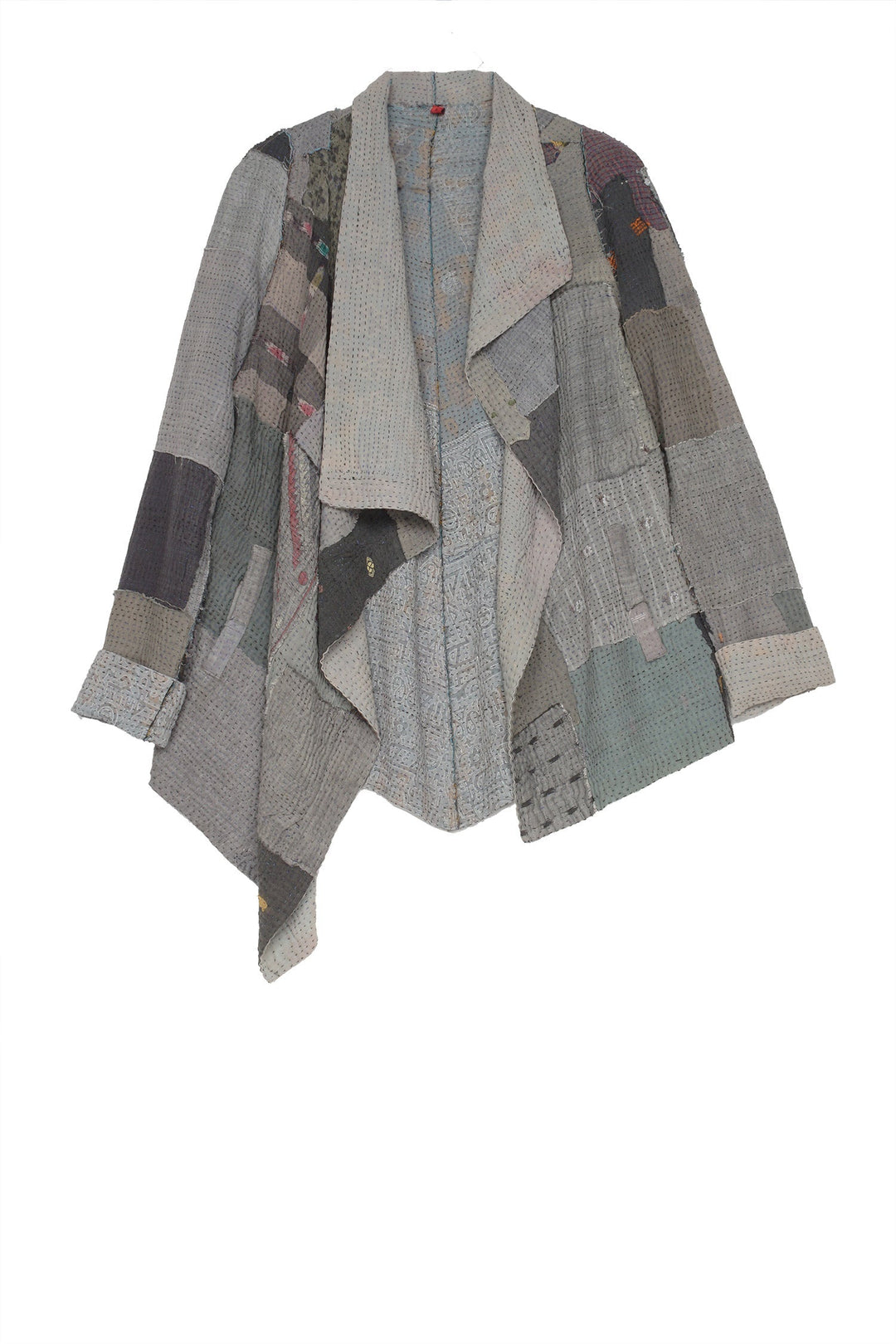 FRAYED PATCH KANTHA DRAPE COLLAR JKT - fi4037-gry -
