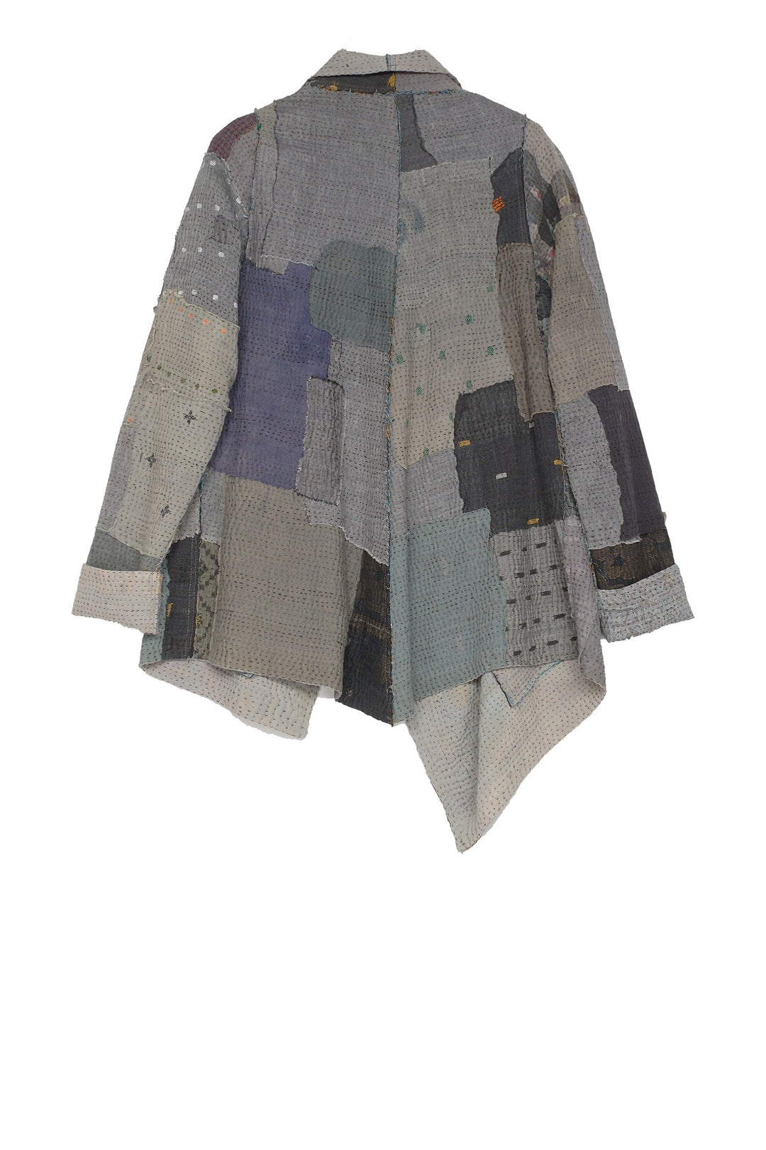 FRAYED PATCH KANTHA DRAPE COLLAR JKT - fi4037-gry -