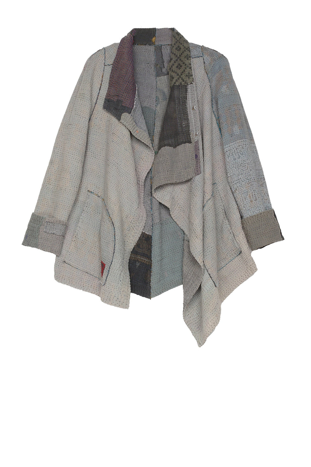 FRAYED PATCH KANTHA DRAPE COLLAR JKT - fi4037-gry -