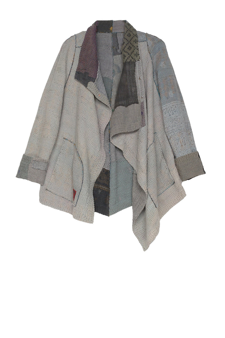 FRAYED PATCH KANTHA DRAPE COLLAR JKT - fi4037-gry -