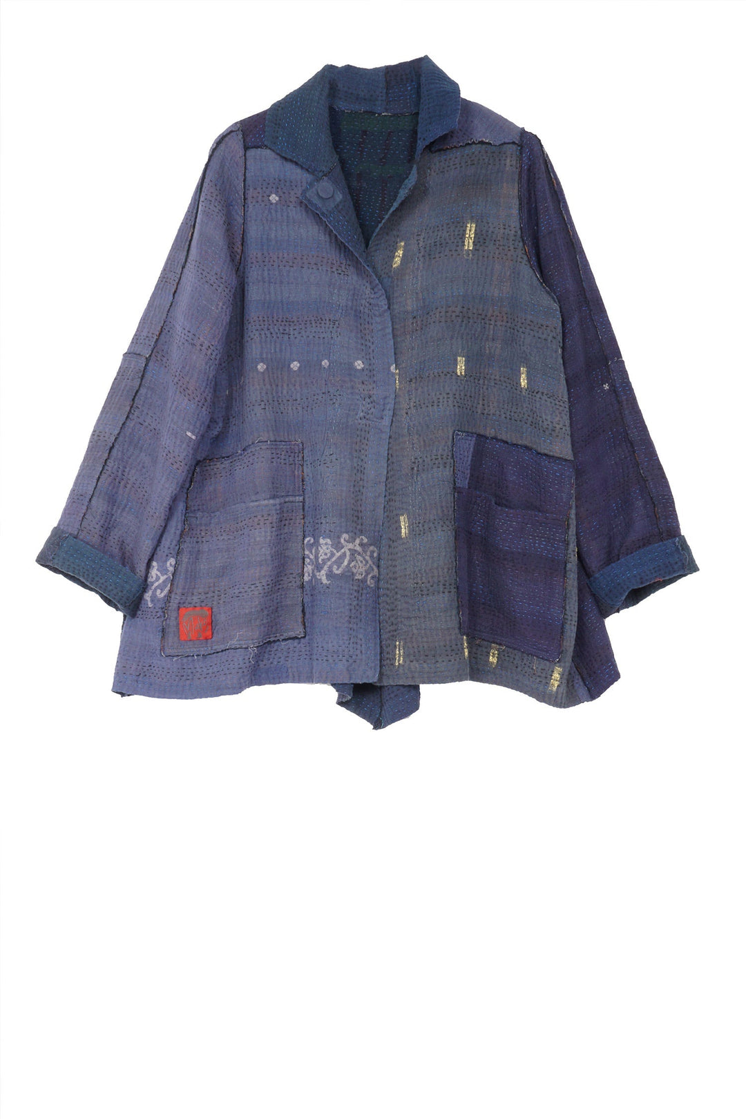 FRAYED PATCH KANTHA BACK FLARE JKT - fi4046-nvy -