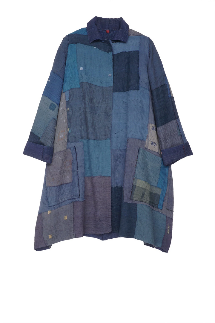 FRAYED PATCH KANTHA A-LINE DUSTER - fi4311-nvy -