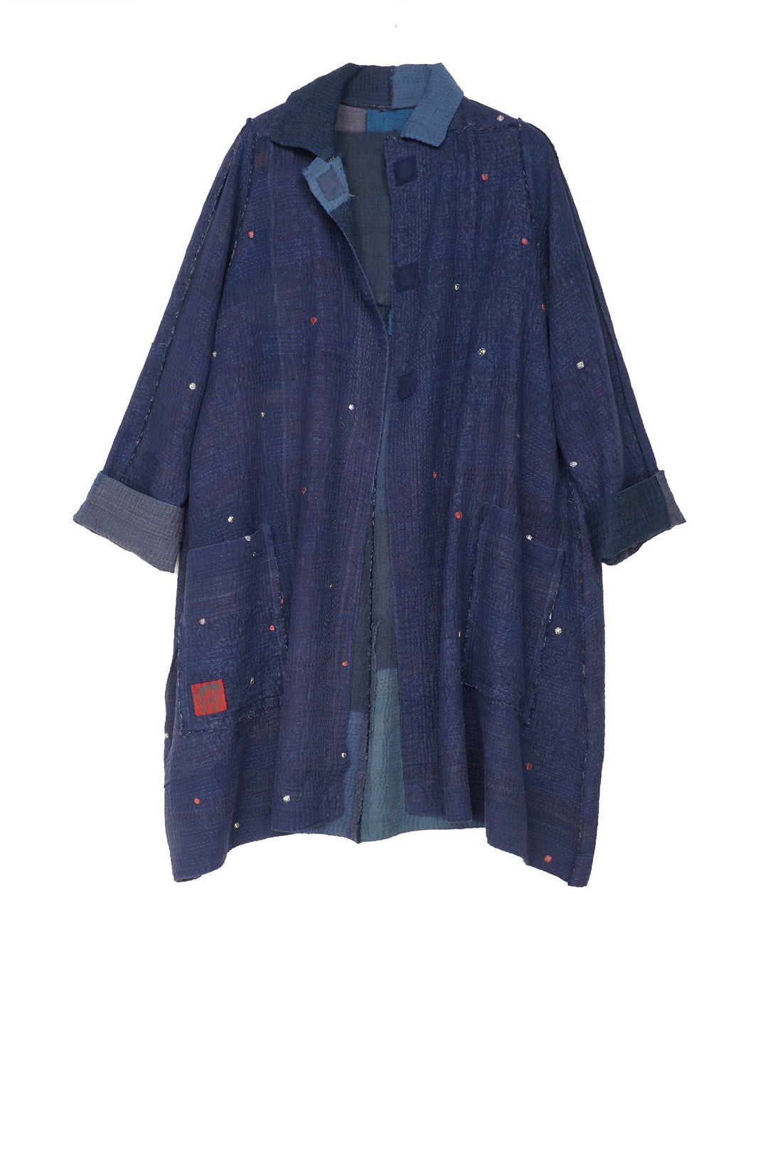 FRAYED PATCH KANTHA A-LINE DUSTER - fi4311-nvy -