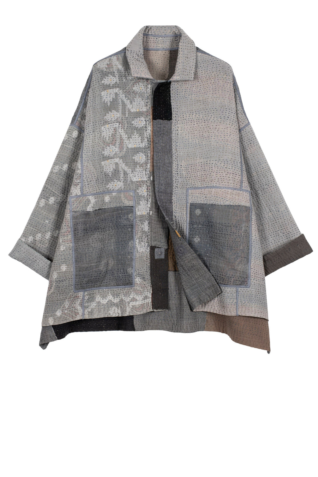 FRAYED PATCH KANTHA OVERSIZED MINI COAT - fi4332-glk -