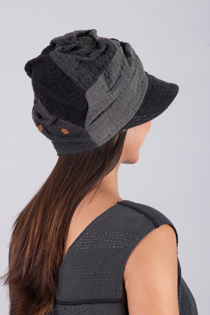 FRAYED PATCH KANTHA HALF BRIM HAT - fi4881-blk -