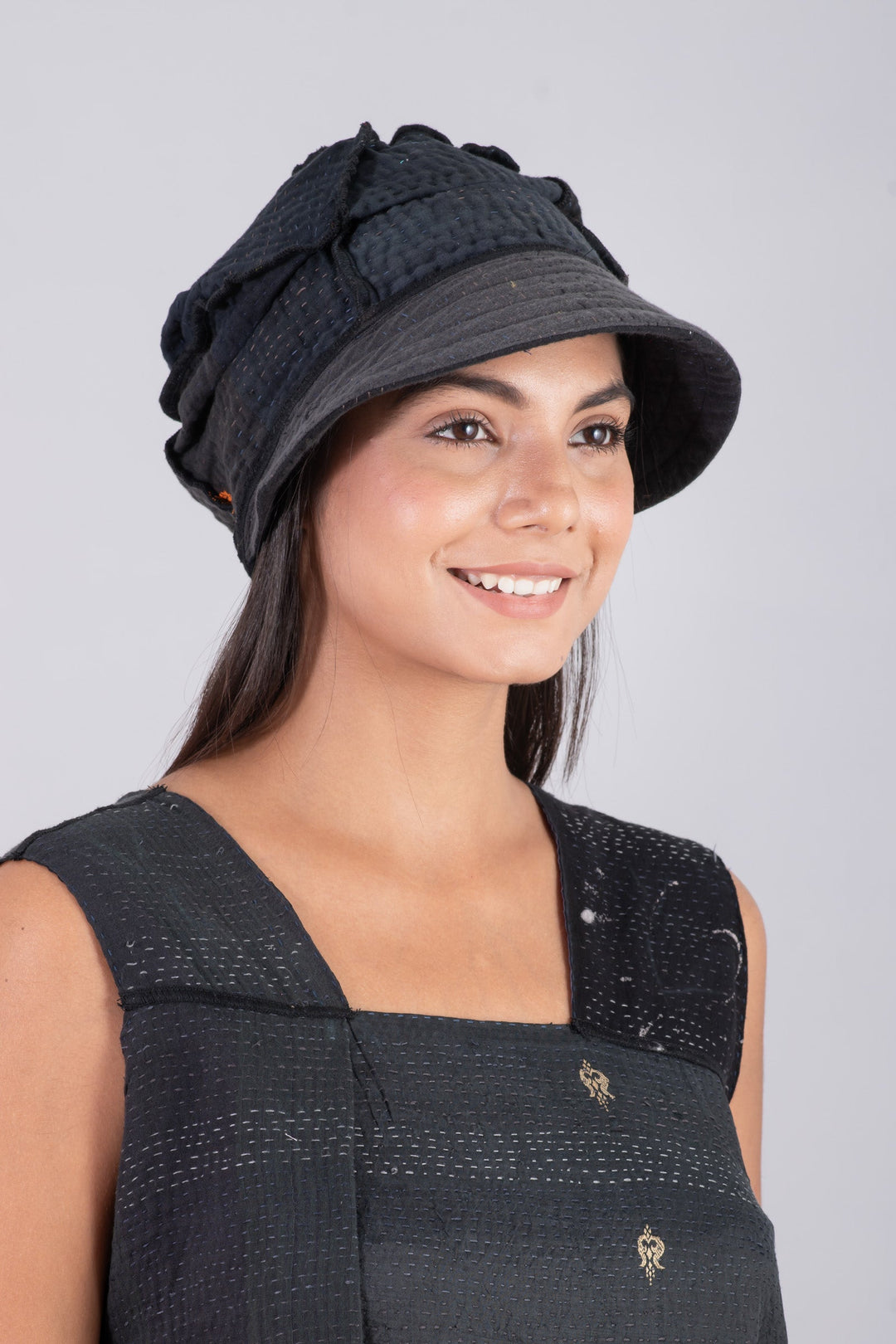 FRAYED PATCH KANTHA HALF BRIM HAT - fi4881-blk -