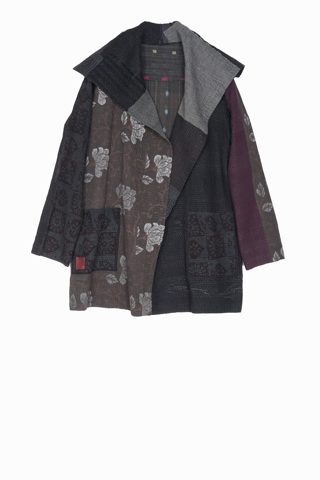 FRAYED PATCH MIX KANTHA POCKET JKT - fm4002-blk -