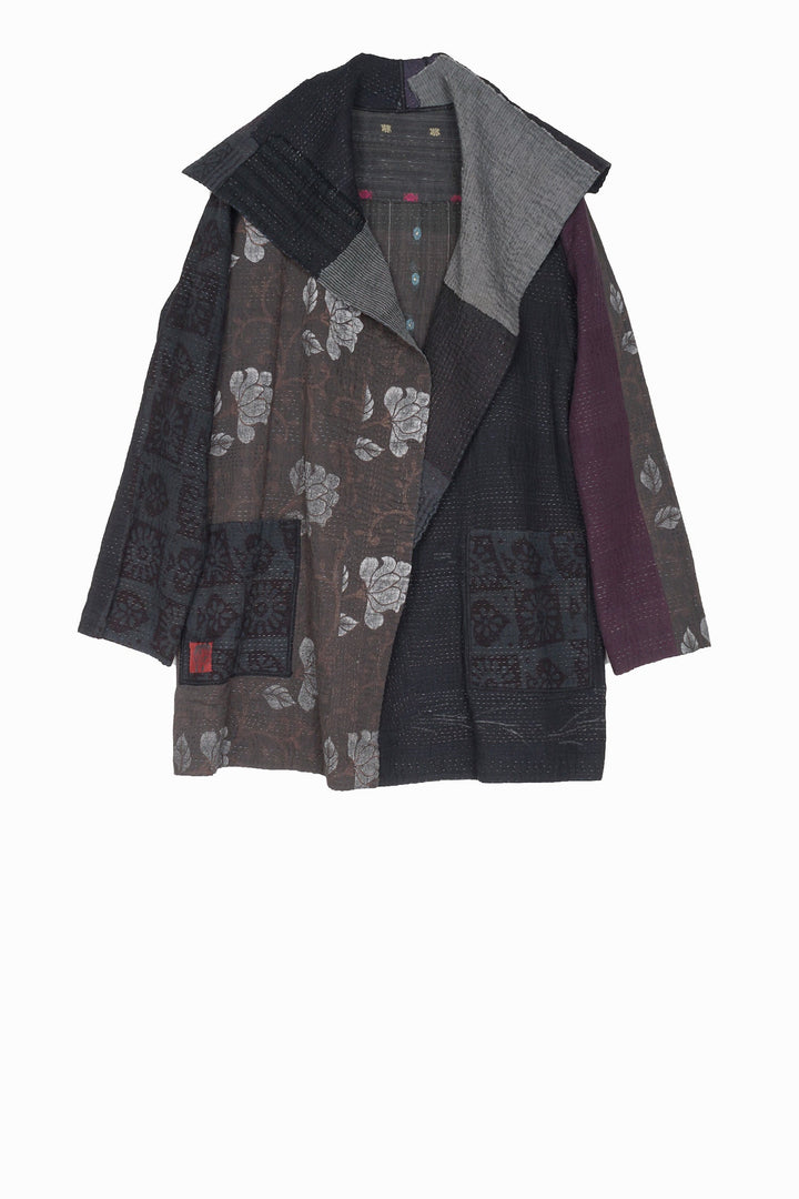 FRAYED PATCH MIX KANTHA POCKET JKT - fm4002-blk -