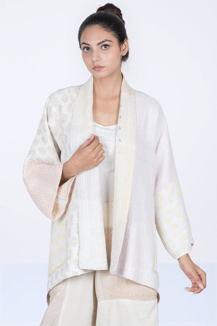 FRAYED PATCH MIX KANTHA KIMONO JKT - fm4004-ivy -