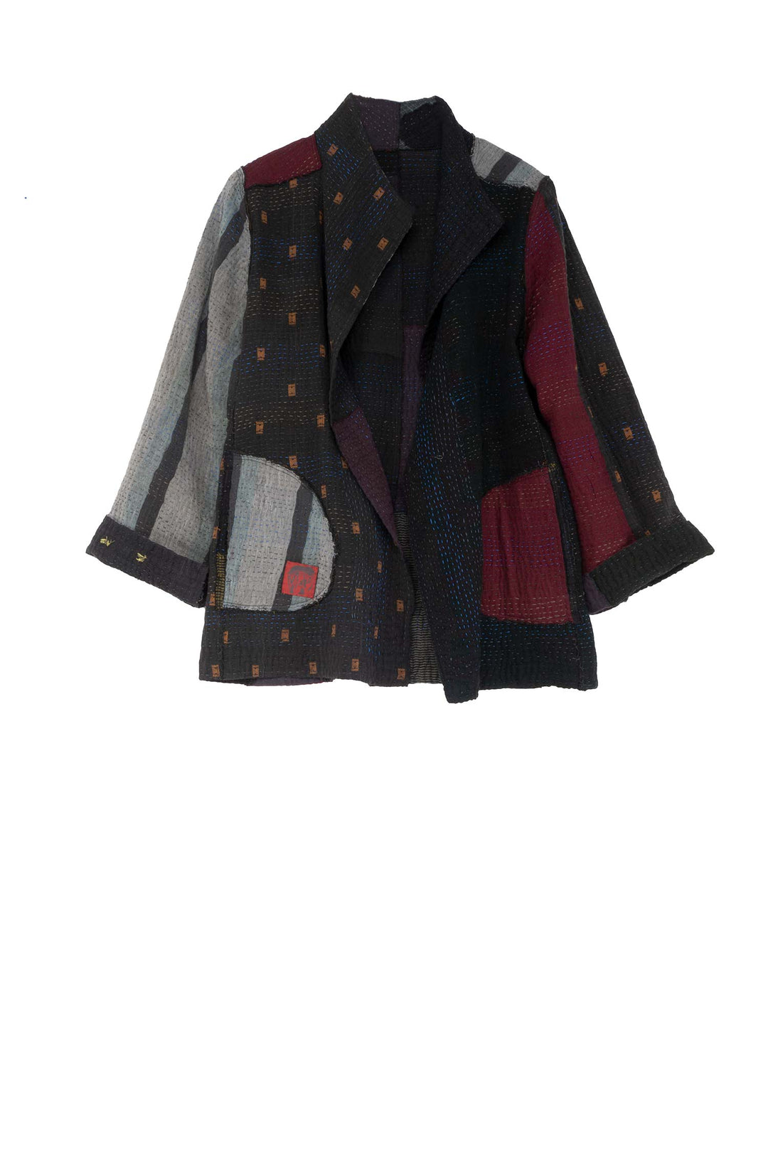 FRAYED PATCH MIX KANTHA SHORT JKT - fm4007-blk -