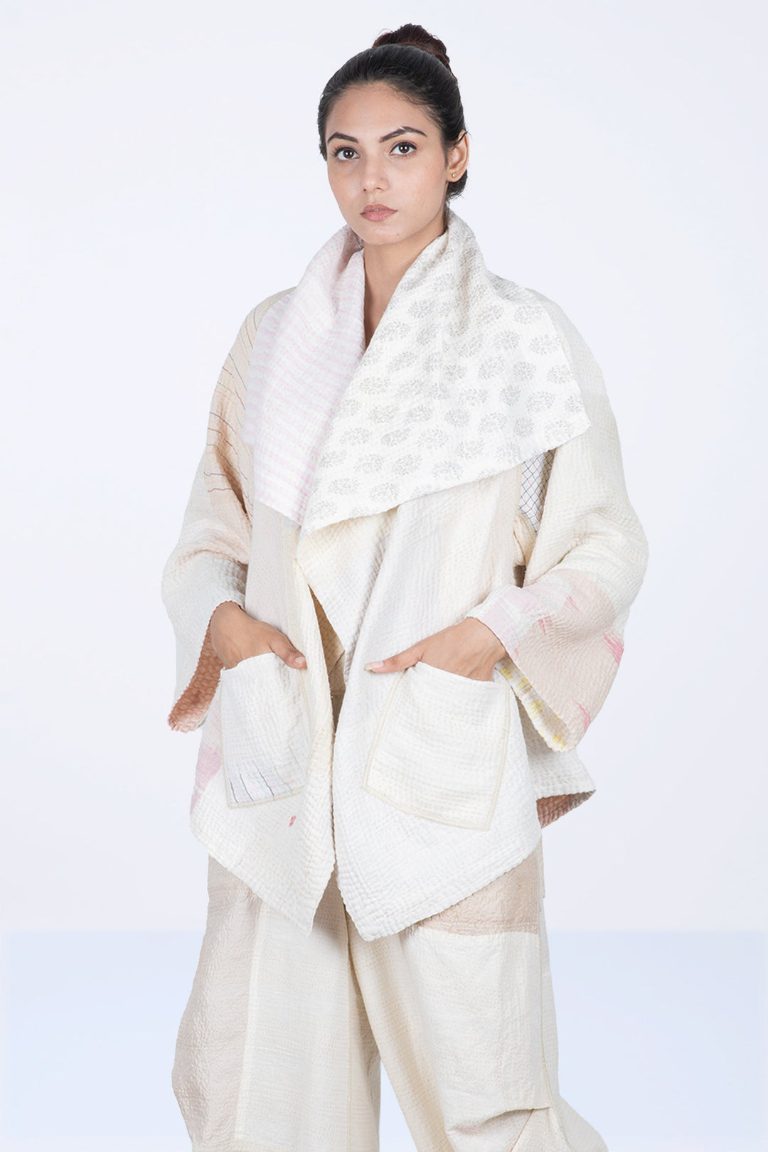 FRAYED PATCH MIX KANTHA CIRCULAR JKT - fm4008-ivy -
