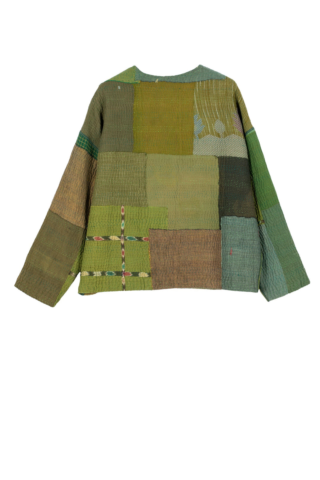 FRAYED PATCH MIX KANTHA CREW NECK SHORT JKT - fm4053-grn -