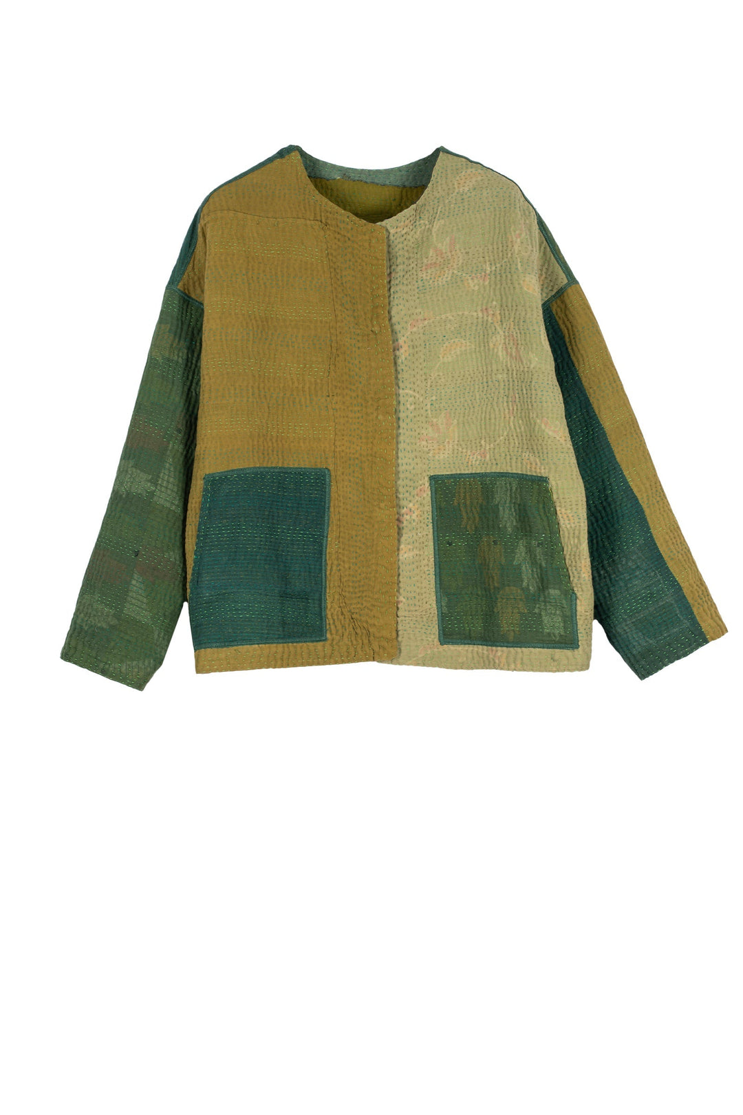 FRAYED PATCH MIX KANTHA CREW NECK SHORT JKT - fm4053-grn -