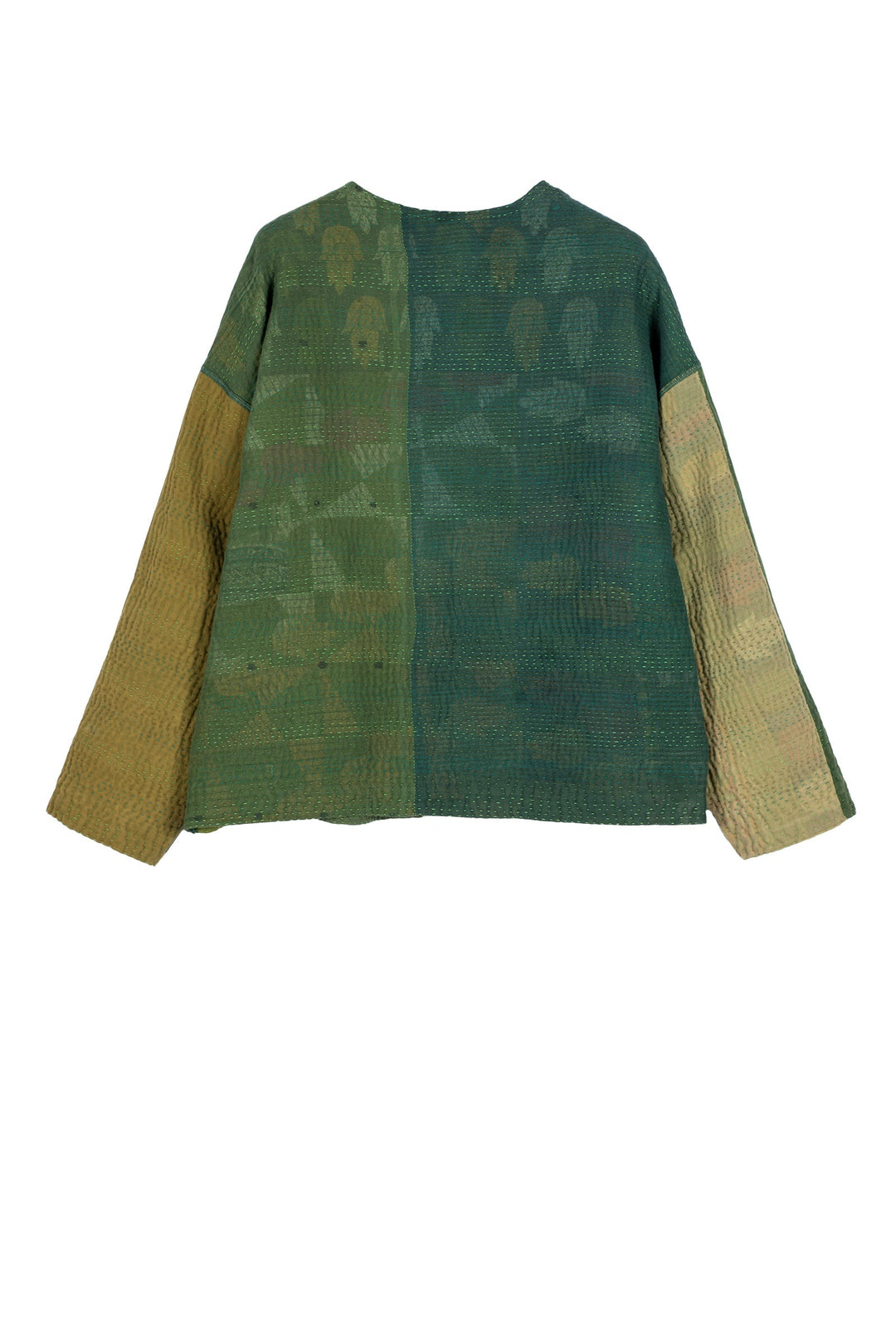 FRAYED PATCH MIX KANTHA CREW NECK SHORT JKT - fm4053-grn -