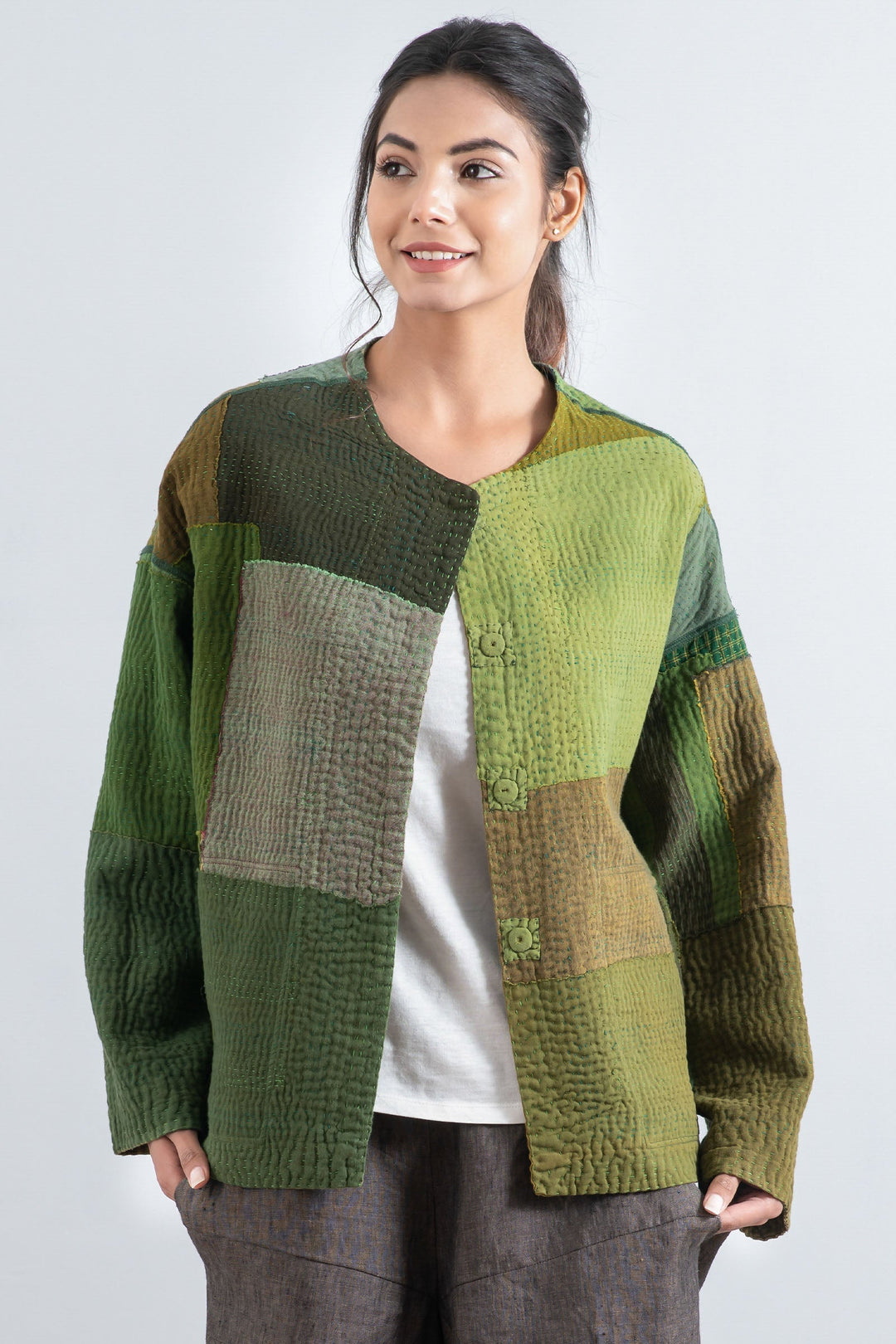 FRAYED PATCH MIX KANTHA CREW NECK SHORT JKT - fm4053-grn -