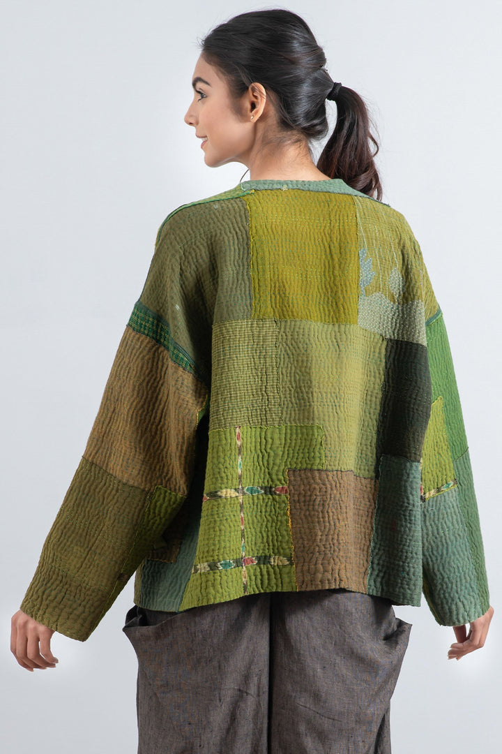 FRAYED PATCH MIX KANTHA CREW NECK SHORT JKT - fm4053-grn -