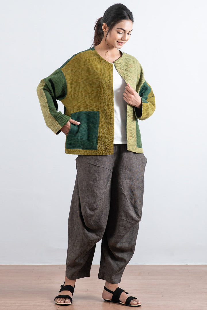 FRAYED PATCH MIX KANTHA CREW NECK SHORT JKT - fm4053-grn -