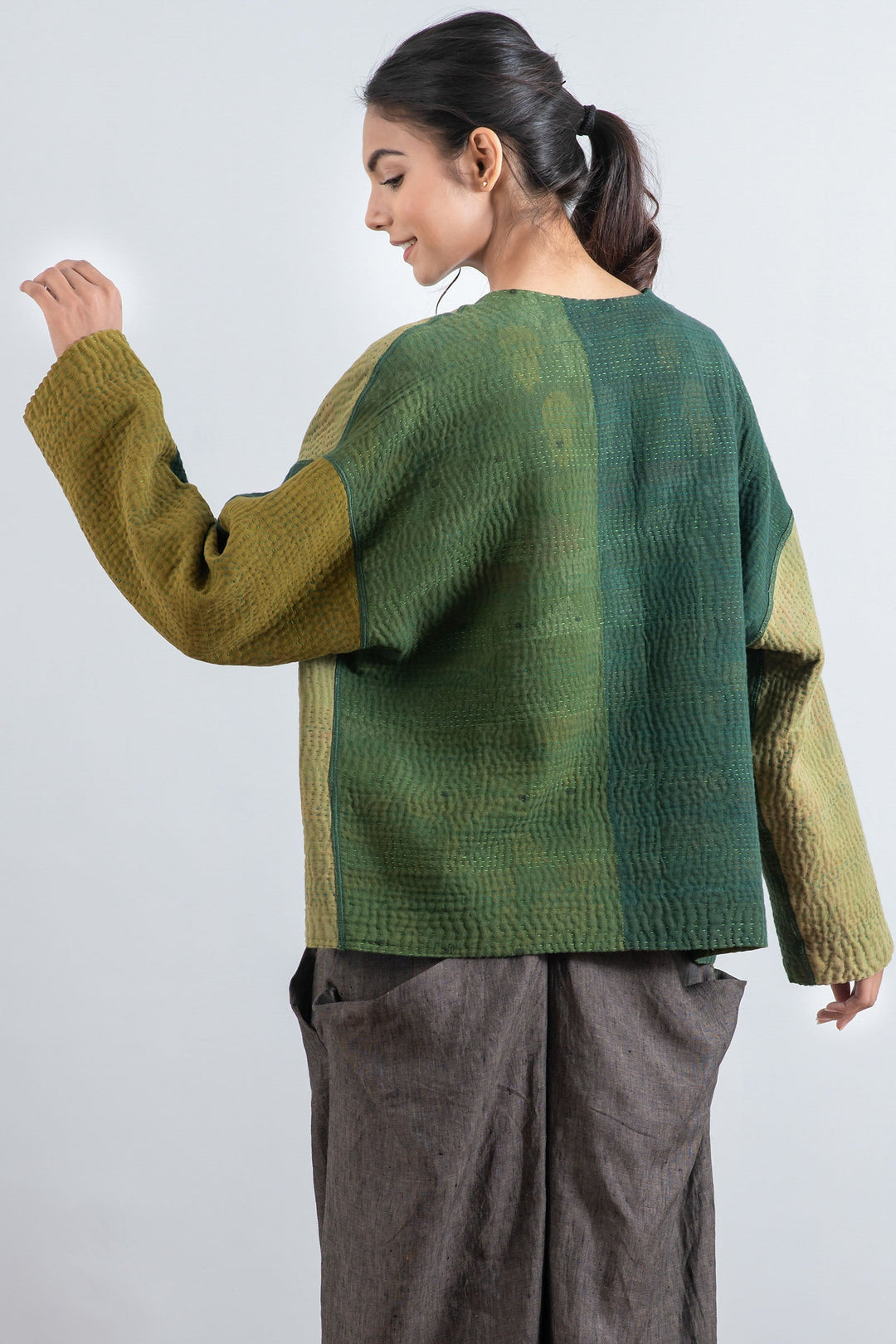 FRAYED PATCH MIX KANTHA CREW NECK SHORT JKT - fm4053-grn -