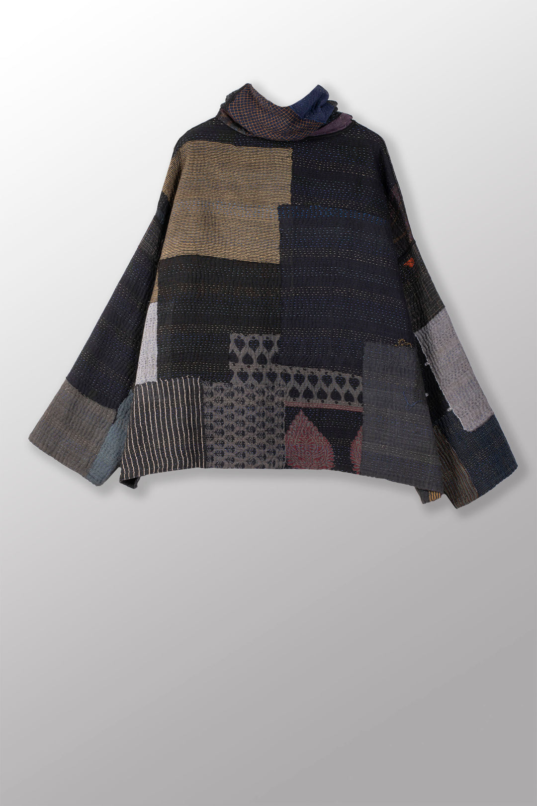 FRAYED PATCH MIX KANTHA NEW COWL NECK PONCHO - fm4083-blk -