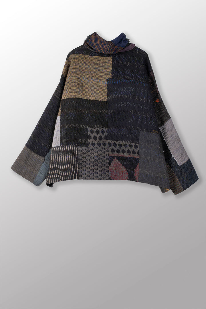 FRAYED PATCH MIX KANTHA NEW COWL NECK PONCHO - fm4083-blk -