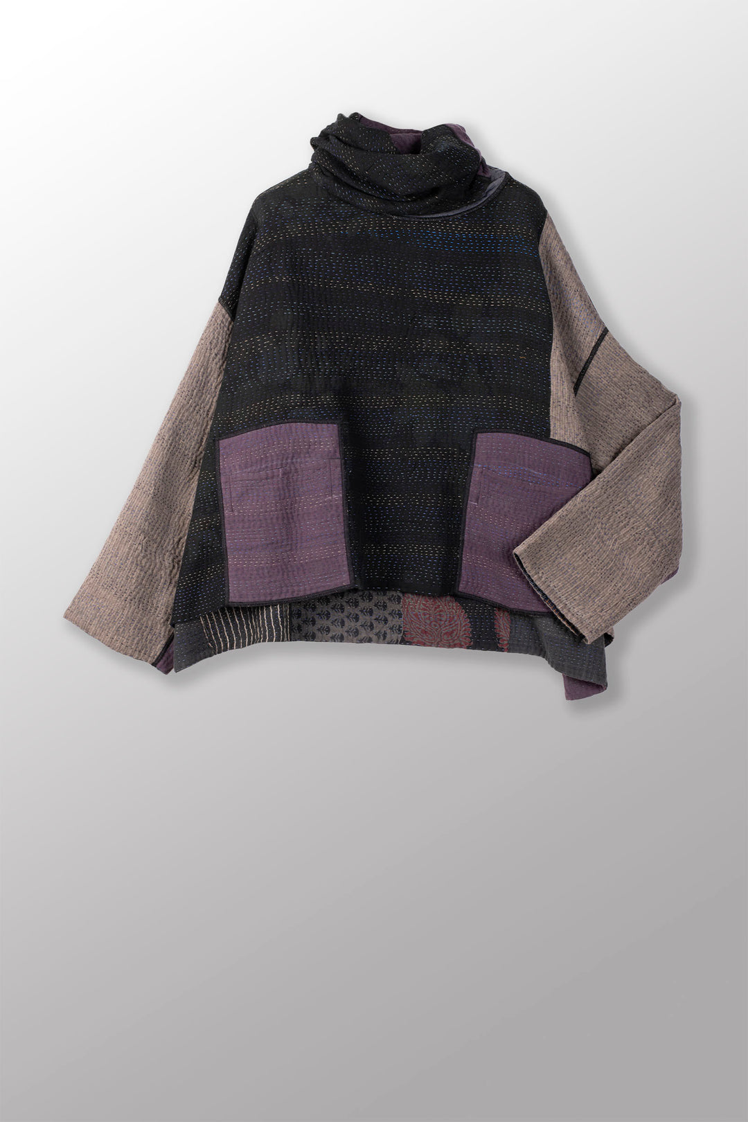 FRAYED PATCH MIX KANTHA NEW COWL NECK PONCHO - fm4083-blk -