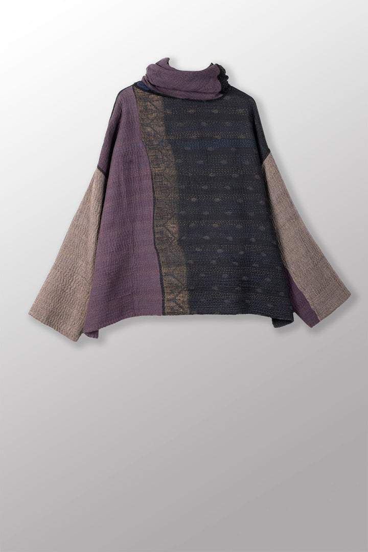 FRAYED PATCH MIX KANTHA NEW COWL NECK PONCHO - fm4083-blk -